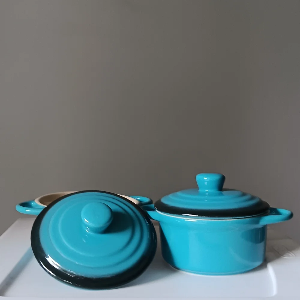 Pair of Ceramic Bowls with Lids & Handles Aqua Blue White 4.5